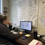 Dispatcher reviewing technician workloads and routes in a service office