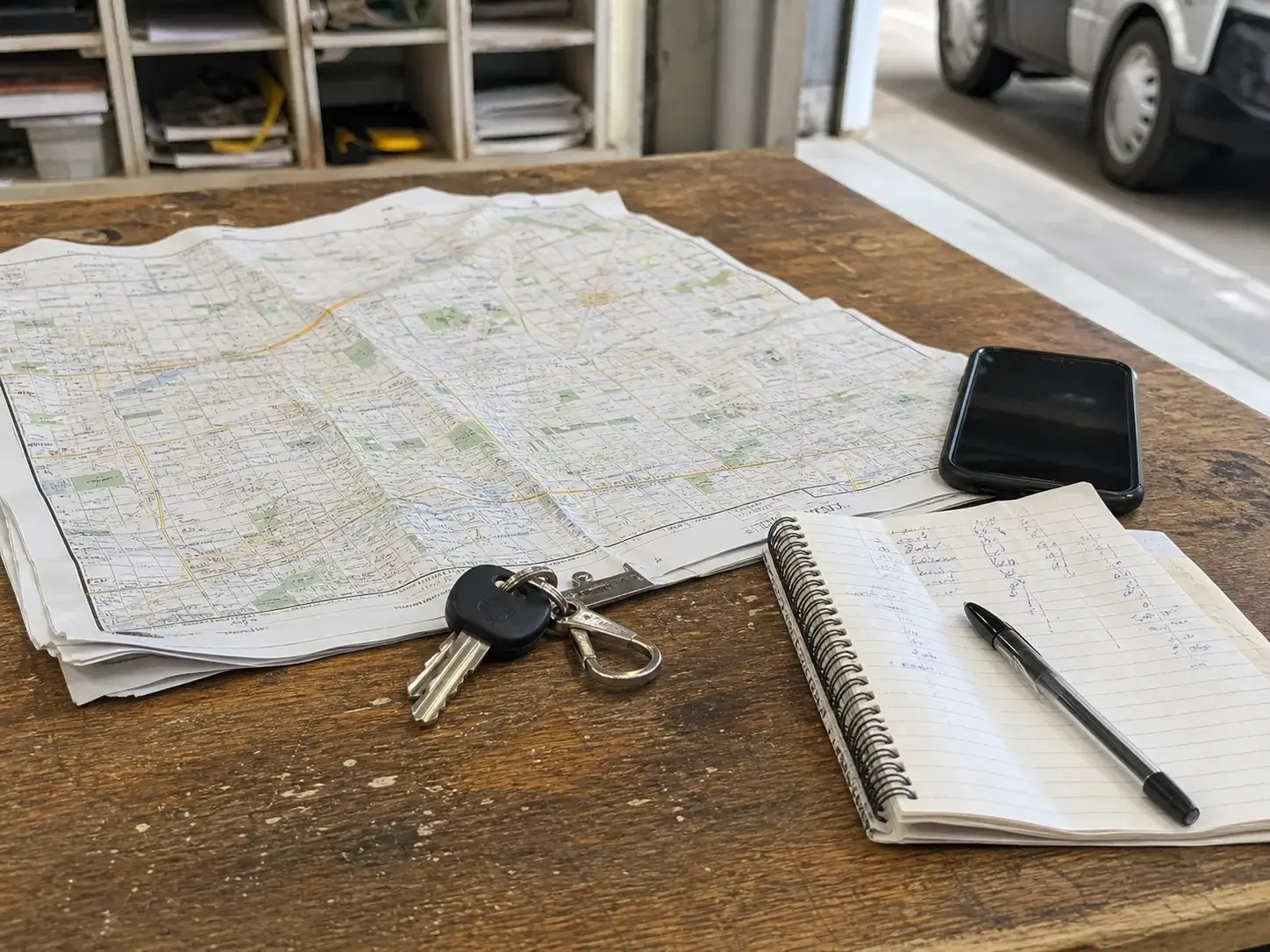 Paper route map phone and schedule notebook used during dispatch