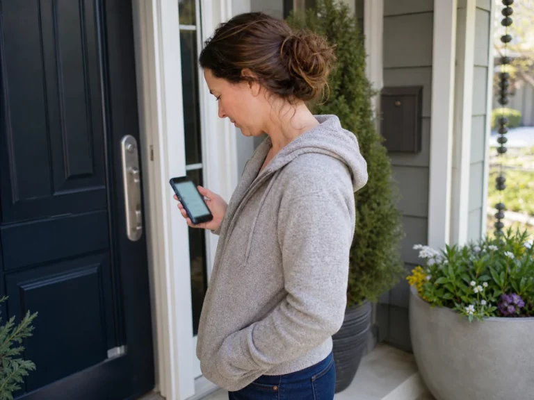Home service customer checking an appointment arrival update near the front door