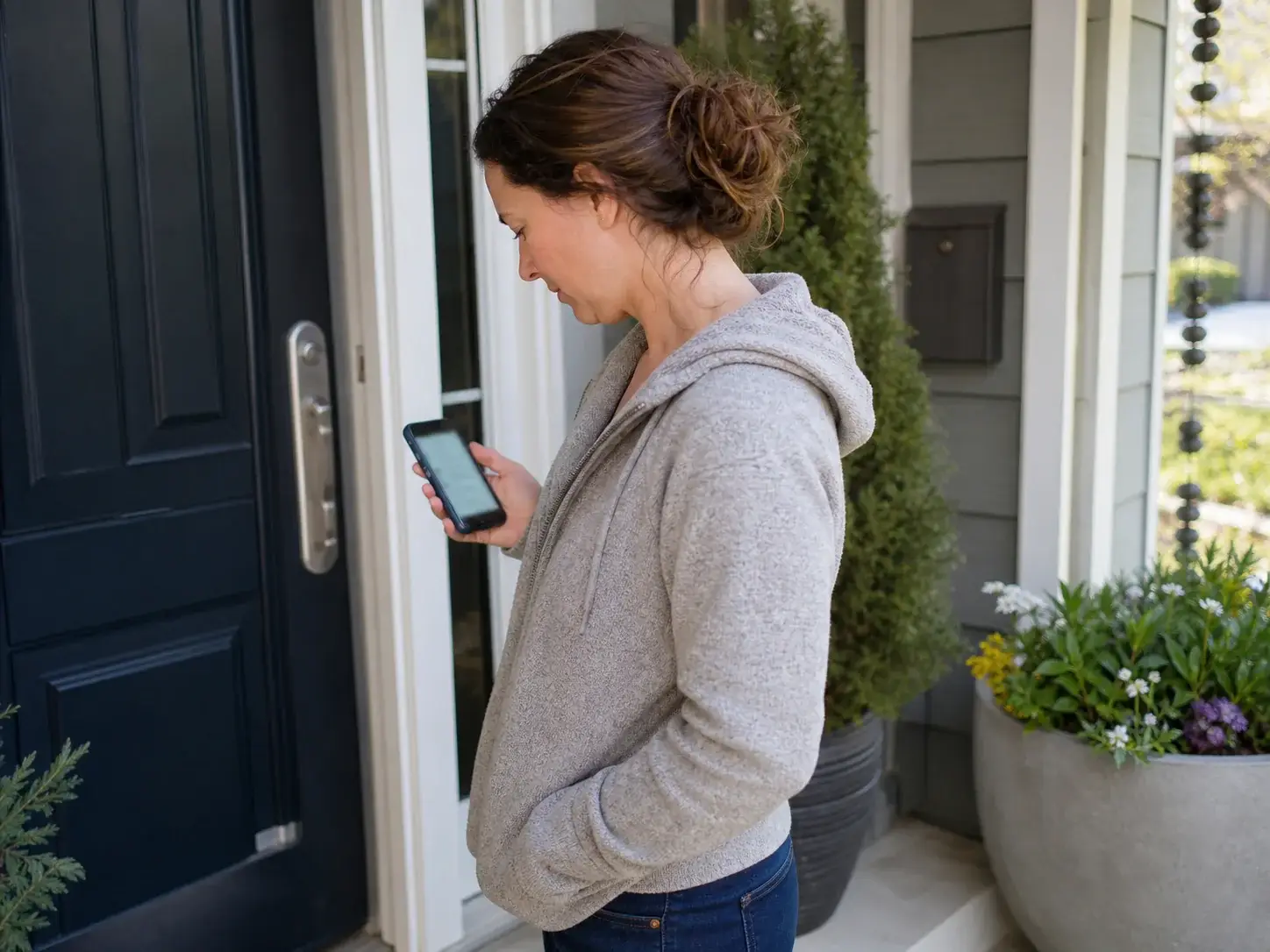 Home service customer checking an appointment arrival update near the front door